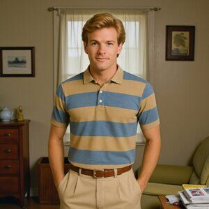 Vintage Michael Low Mens Medium Blue Gold Striped Polo Shirt Preppy Retro 90s